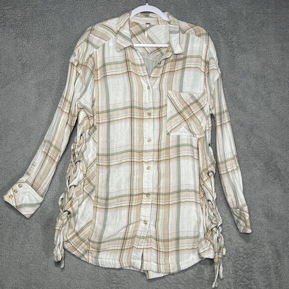 Free People Women's Large Plaid Pastel Dress Tied Sides Long Sleeve Button Down - Picture 1 of 9